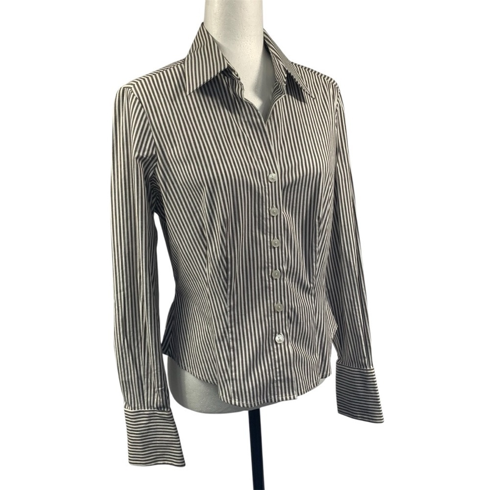 ANNE KLEIN Striped Shirt Pinstripe Button Up Workwear Fitted Seams Brown White 8 - Picture 3 of 10
